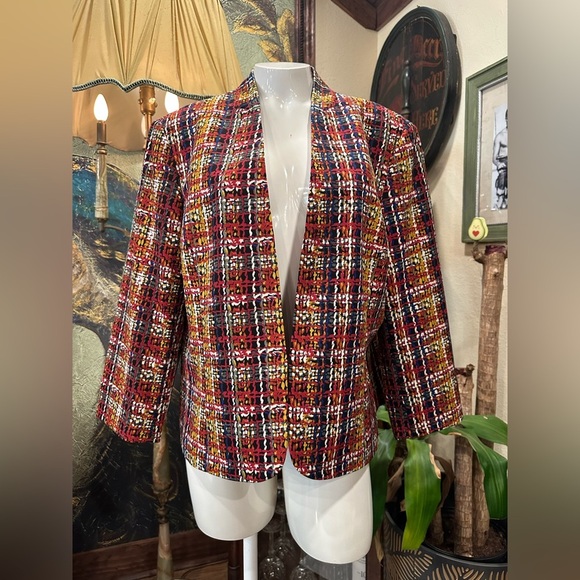 EUC Black Label Red and Yellow Blazer Open Front Tweed - Picture 1 of 8